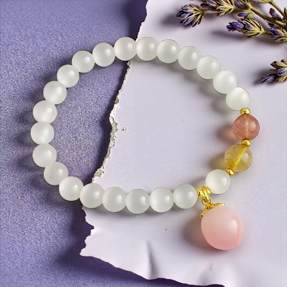 Elegant Natural Opal Beaded Dainty Stretchy Bracelet Pink Peach Charm - Picture 1 of 15